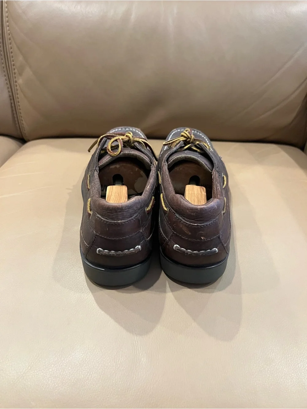 L.L. Bean Men's Dark Brown Leather Boat Shoes with Yellow Trim